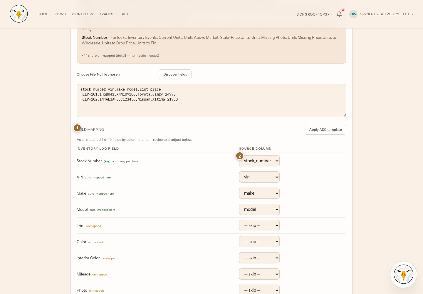 CSV mapping editor with 1 marking Field mapping and 2 marking a source-column selector