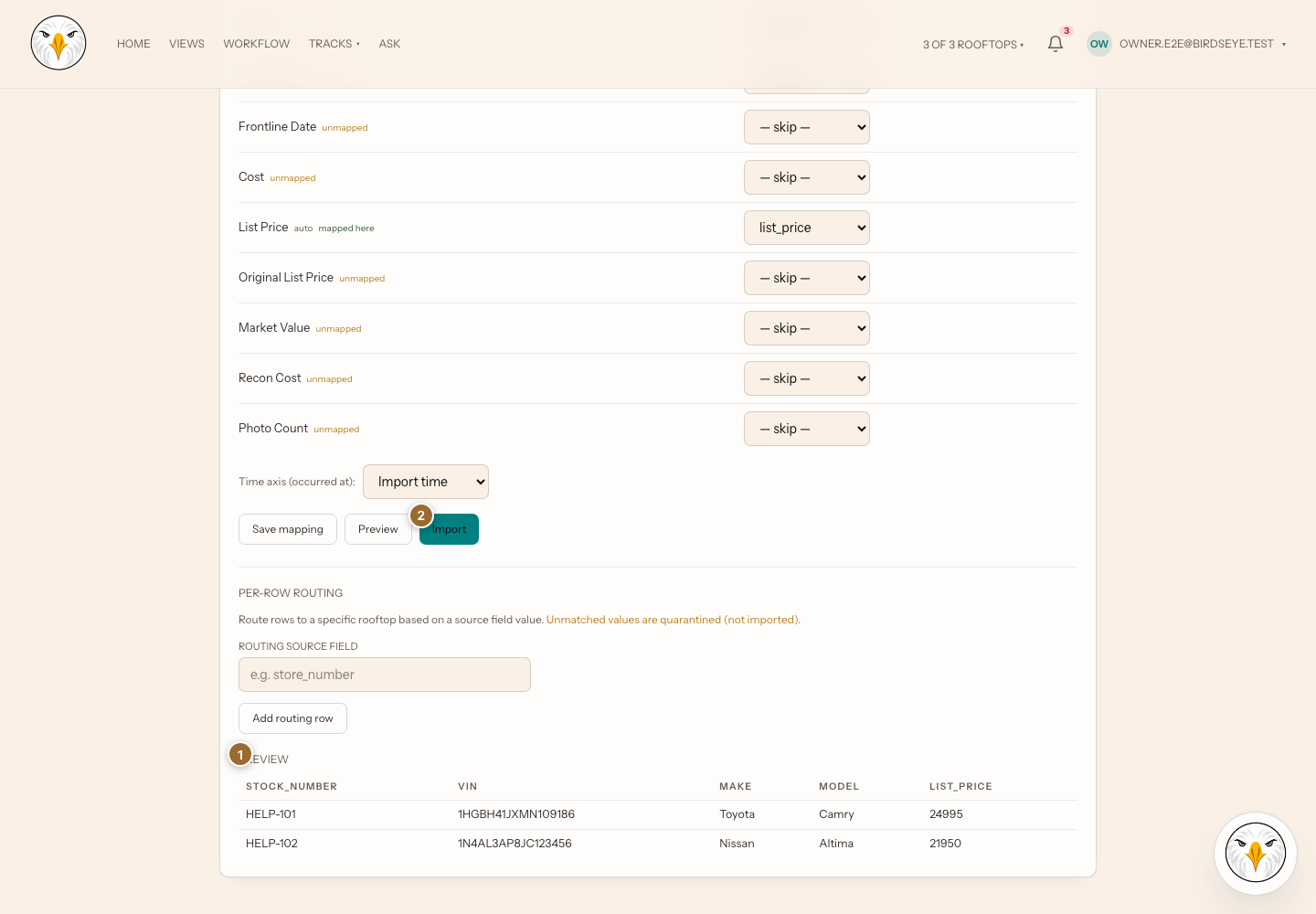 CSV preview with 1 marking the Preview result and 2 marking the disabled or available Import action