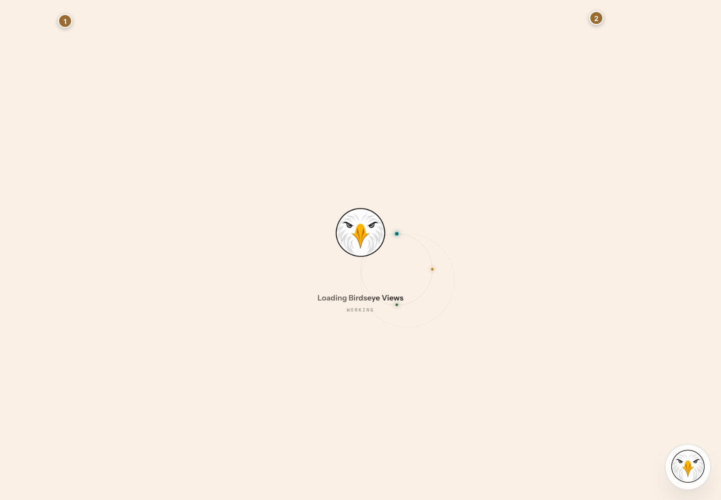 Birdseye web header with 1 marking the primary navigation and 2 marking the account menu