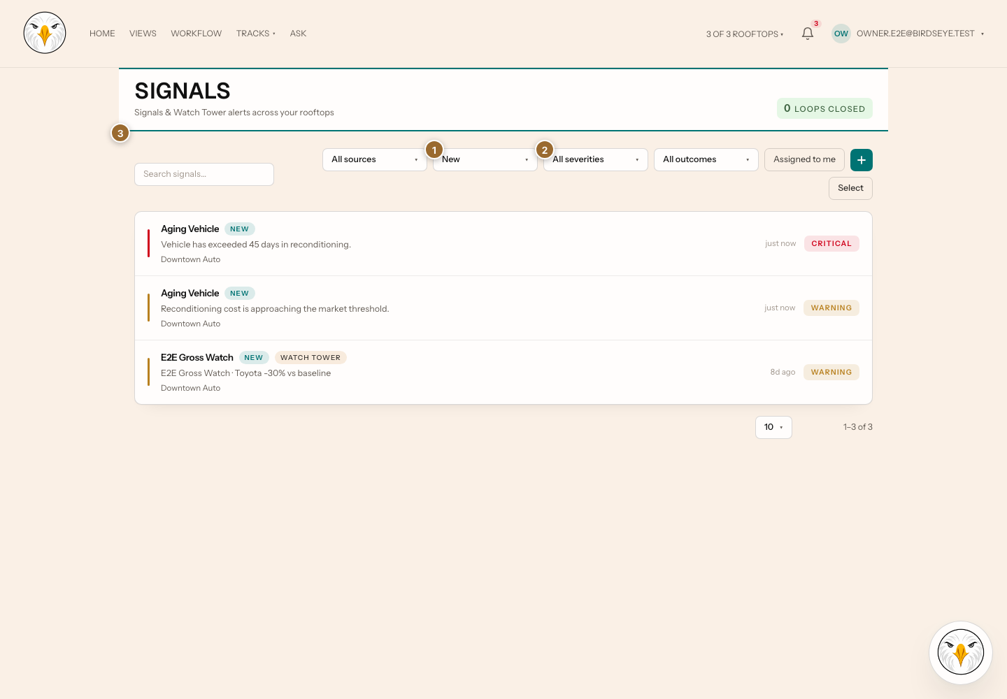Signals inbox with 1 marking Status, 2 marking Severity, and 3 marking the Signal list