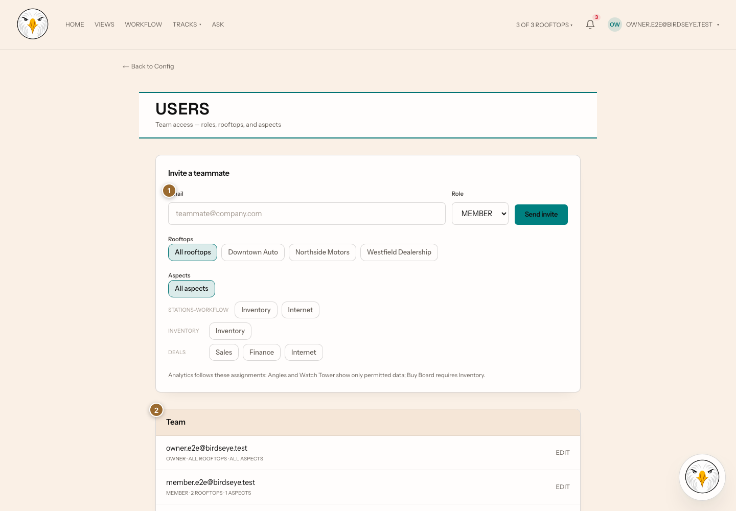 Users configuration with 1 marking Invite a teammate and 2 marking the current Users list
