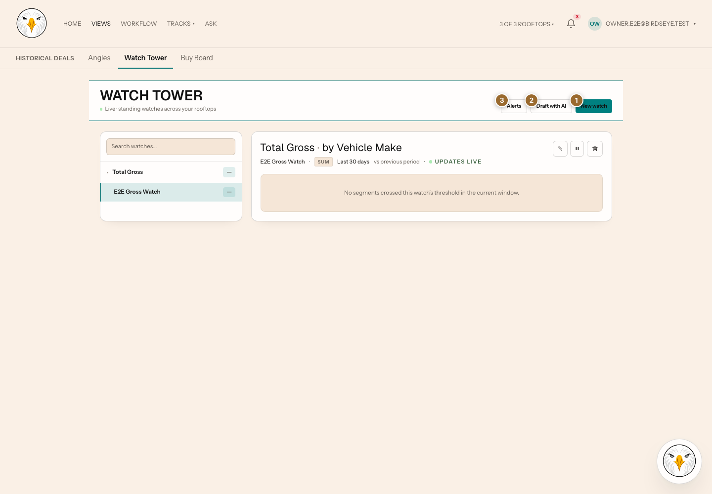Watch Tower with 1 marking New watch, 2 marking Draft with AI, and 3 marking Alerts